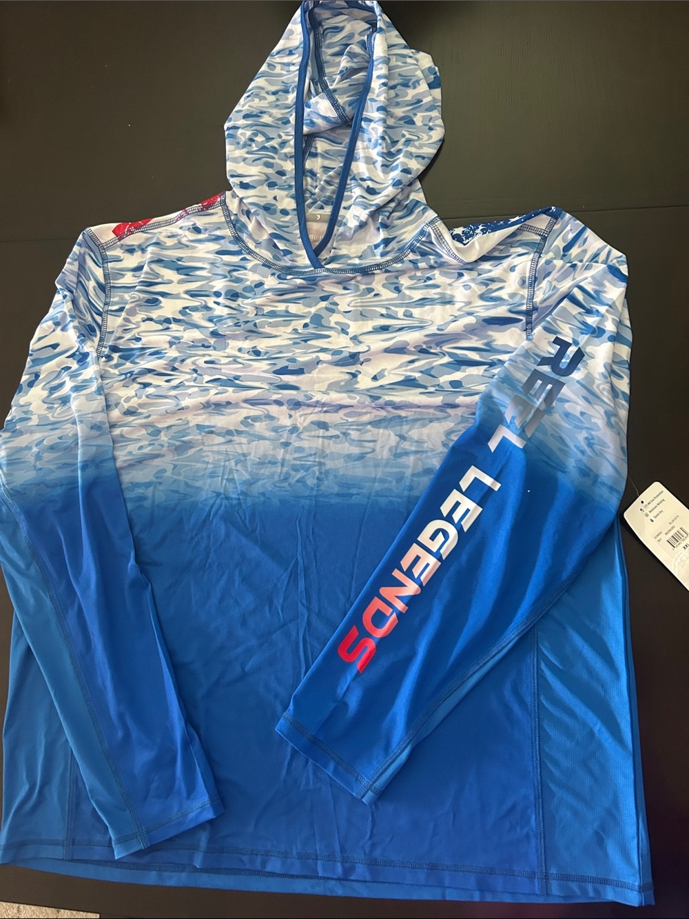 Reel Legends Men's Blue Ombre Camo Hooded Rash Guard with Red Accent